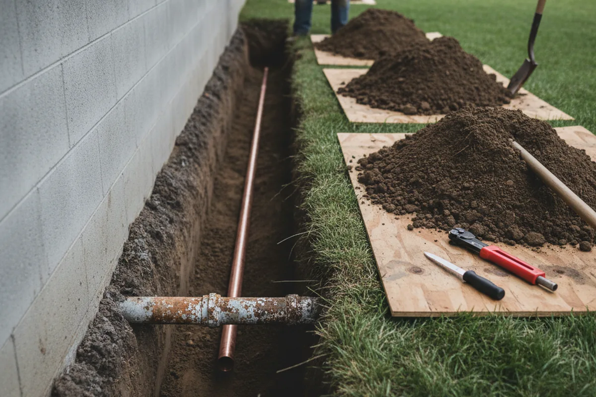 Excavated water line trench during Water Heater Repair in Piney Point